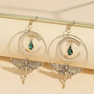 Gold Moth & Gemstone Water Drop Boho Hippie Celestial Moon Dangle Earrings NEW